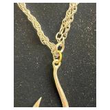 Double Strand Yellow Bead Necklace, Silver Fishhook Pendant Necklace & Gold Tone Pincher Leaf Drops, Large VTG Green Buckle Button