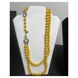 Double Strand Yellow Bead Necklace, Silver Fishhook Pendant Necklace & Gold Tone Pincher Leaf Drops, Large VTG Green Buckle Button
