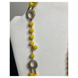 Double Strand Yellow Bead Necklace, Silver Fishhook Pendant Necklace & Gold Tone Pincher Leaf Drops, Large VTG Green Buckle Button