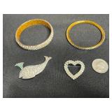 Blingy Whale & Heart Pendants & Pavé Bracelets Set Gold-Tone Crystal Bangles