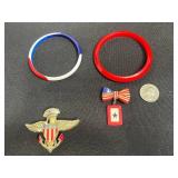 Patriotic Eagle Crest Pin with American Flag Shield, American Flag Bow Tie Pin w Red, White & Blue Bangle Bracelets
