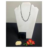 Haskell Jewels Black-Tone Necklace with Dangling Charms - Includes Matching Earrings, Original by Robert Floral Pin & Ivory Floral Brooch