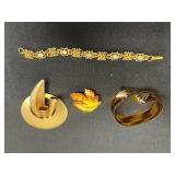 Florenza Bracelet - Gold-Tone Floral Link with Opalescent Cabochons, Faux Tortoiseshell Bracelet, Sheridan & Sandor Co Brooches