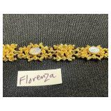 Florenza Bracelet - Gold-Tone Floral Link with Opalescent Cabochons, Faux Tortoiseshell Bracelet, Sheridan & Sandor Co Brooches