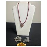Gold Heart Pendant Necklace on Red Velvet Cord w Giovanni Rose Brooch & Two Silver Tone Figure Pins