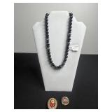 Black Glass Bead Necklace With Sterling Clasp & Mosaic Enamel Accent Pins