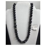 Black Glass Bead Necklace With Sterling Clasp & Mosaic Enamel Accent Pins