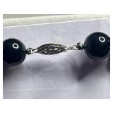 Black Glass Bead Necklace With Sterling Clasp & Mosaic Enamel Accent Pins