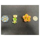 Coro Blue Crystal Flower Brooch, Gold-Tone Owl Pin w Twirling Head & Jeanne Coral Color Glass Brooch