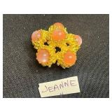 Coro Blue Crystal Flower Brooch, Gold-Tone Owl Pin w Twirling Head & Jeanne Coral Color Glass Brooch