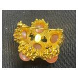 Coro Blue Crystal Flower Brooch, Gold-Tone Owl Pin w Twirling Head & Jeanne Coral Color Glass Brooch