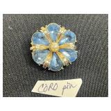 Coro Blue Crystal Flower Brooch, Gold-Tone Owl Pin w Twirling Head & Jeanne Coral Color Glass Brooch