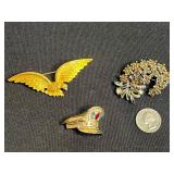 Unique Gemstone Hat Pin, Goldtone Bird Brooch & Hollycraft Crystals & Floral Cluster Pin