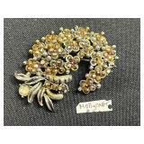Unique Gemstone Hat Pin, Goldtone Bird Brooch & Hollycraft Crystals & Floral Cluster Pin