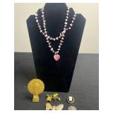 Pink Two Strand Glass Bead Heart Pendant Necklace, Hobe, Pastelli, Cameo & Signed Brooches