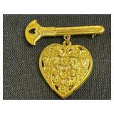 Accessocraft Gold Tone Lion Crest Shield Pin - DIEU ET MON DROIT Motto with Red/White/Blue Enamel Ribbon & Floral Heart Locket & More!