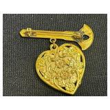 Accessocraft Gold Tone Lion Crest Shield Pin - DIEU ET MON DROIT Motto with Red/White/Blue Enamel Ribbon & Floral Heart Locket & More!