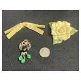Vintage Cream Rose Cruver Chicago Brooch with Leaves & Diamond Textured Beige Brooch Segments & Blackamoor Figure Design Brooch