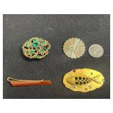 Vintage Gold-Tone Costume Jewelry Set w Coro Emerald Green Floral, JJ Fish, Marboux Heart Brooches & Orange Coral Tie Clip