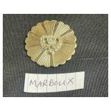 Vintage Gold-Tone Costume Jewelry Set w Coro Emerald Green Floral, JJ Fish, Marboux Heart Brooches & Orange Coral Tie Clip