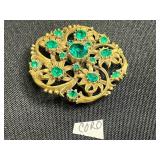 Vintage Gold-Tone Costume Jewelry Set w Coro Emerald Green Floral, JJ Fish, Marboux Heart Brooches & Orange Coral Tie Clip