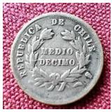 1880 Chile Silver 1/2 Decimo