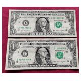 (2) $1 Notes - Cool Serial Numbers!