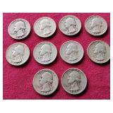 (10) 90% Silver Washington Quarters