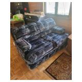 Sofa - Navy/Blue Abstract Brushstroke Upholstery with Wood Arm Accents