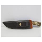 Custom Made Signed Jim Minnick Stag Handle Hunting Knife w/Leather Sheath - 8.25"
