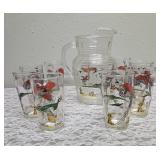 Hazel-Atlas Glass Company Pitcher with 8 Glasses.  These glasses feature the  "Pheasants" pattern, produced roughly 1950