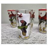 Hazel-Atlas. Five Vintage Mid-Century Glass Cocktail Shaker Drink Mixer Glasses with  2 plastic lids. Set features the Pheasant Birds.