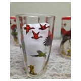 Hazel-Atlas. Five Vintage Mid-Century Glass Cocktail Shaker Drink Mixer Glasses with  2 plastic lids. Set features the Pheasant Birds.