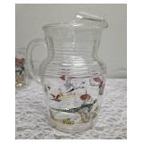 Hazel-Atlas Pitcher and 5 glasses.  Glassware is likely produced by the Hazel-Atlas Glass Company and  features the "Pheasants" pattern, produced roughly 1950