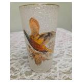 Eight West Virginia Glass Company Vintage pheasant  Game Bird frosted glasses and clear glass pitcher  from the 1950
