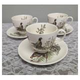3 teacups with saucers (1953-1976) from the "Game Birds" series featuring a pheasant design and  Features hand-engraved style illustrations of game birds. Manufactured by the Johnson Brothers, crafted
