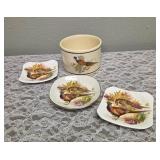 Two Royal Adderley Floral Bone China "Game Bird" Teabag Caddy Plates. One Vintage Pheasant Game Bird collector plate and One  Vintage Collectible Kitchen container or canister produced by  SWETYE Co, 