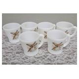 Six Vintage Anchor Hocking Fire-King milk glass mugs featuring the "Ring-Necked Pheasant" pattern.  These mugs were produced primarily between 1959-1962.