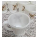 Six Vintage Anchor Hocking Fire-King milk glass mugs featuring the "Ring-Necked Pheasant" pattern.  These mugs were produced primarily between 1959-1962.