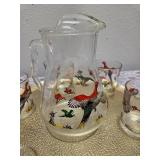 Very Rare and Collectible due to its smaller size. Hazel-Atlas Glass Company Small Pitcher (7" tall) with 6 glasses and tray. These glasses feature the "Pheasants" pattern, produced roughly 1950