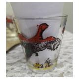 Very Rare and Collectible due to its smaller size. Hazel-Atlas Glass Company Small Pitcher (7" tall) with 6 glasses and tray. These glasses feature the "Pheasants" pattern, produced roughly 1950