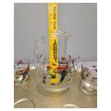 Very Rare and Collectible due to its smaller size. Hazel-Atlas Glass Company Small Pitcher (7" tall) with 6 glasses and tray. These glasses feature the "Pheasants" pattern, produced roughly 1950