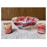 Vintage Slag Glass set featuring a ruffled, scalloped-edge bowl and two matching smaller cups or votive holders, produced by the Imperial Glass Company likely between 1951-1972.
