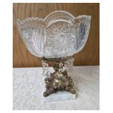 Vintage cut crystal pedestal centerpiece bowl for fruit/candy. Features a decorative metal stand with dangling prisms. Often categorized as Hollywood Regency or 19th Century style. Approx. 10" tall.
