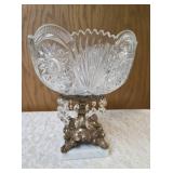 Vintage cut crystal pedestal centerpiece bowl for fruit/candy. Features a decorative metal stand with dangling prisms. Often categorized as Hollywood Regency or 19th Century style. Approx. 10" tall.