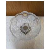 Vintage cut crystal pedestal centerpiece bowl for fruit/candy. Features a decorative metal stand with dangling prisms. Often categorized as Hollywood Regency or 19th Century style. Approx. 10" tall.