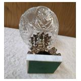 Vintage cut crystal pedestal centerpiece bowl for fruit/candy. Features a decorative metal stand with dangling prisms. Often categorized as Hollywood Regency or 19th Century style. Approx. 10" tall.