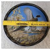11" vintage metal serving tray with Five misc. size pheasant glasses from the Hazel-Atlas Glass Company and  features the "Pheasants" pattern, produced roughly  1950-1960.