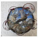 11" vintage metal serving tray with Five misc. size pheasant glasses from the Hazel-Atlas Glass Company and  features the "Pheasants" pattern, produced roughly  1950-1960.