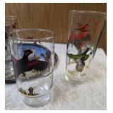 11" vintage metal serving tray with Five misc. size pheasant glasses from the Hazel-Atlas Glass Company and  features the "Pheasants" pattern, produced roughly  1950-1960.
